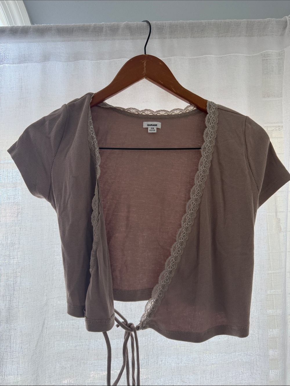 Garage Taupe Cropped Lace-Trim Tie-Front Cardigan
